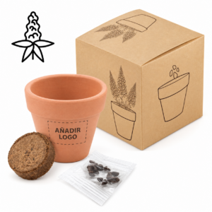 Maceta de terracota Floral con semillas personalizable con zona para añadir logo