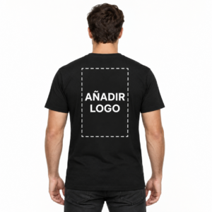 Camiseta negra vista desde atrás con área para añadir un logotipo grande en la espalda