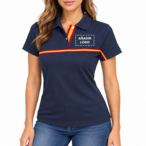 Modelo con polo Formentera de mujer y espacio para añadir logotipo